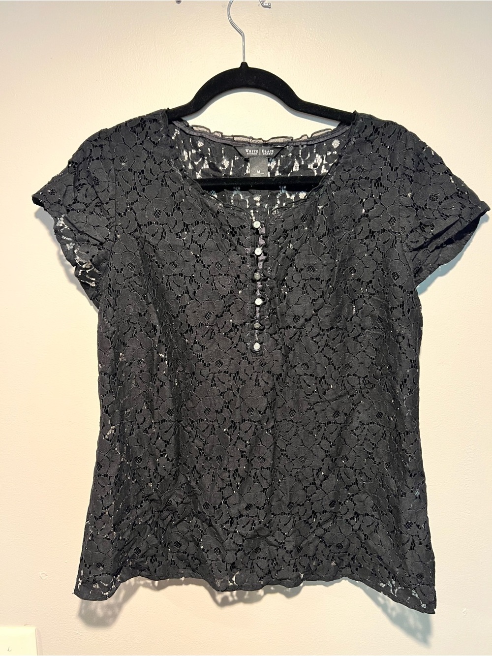 White House Black Market Black Floral Lace Short Sleeve Top